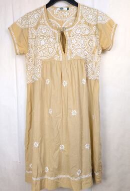 Dolma Ava tan floral embroidered tunic dress Size Sm Boho Peasant Feminine